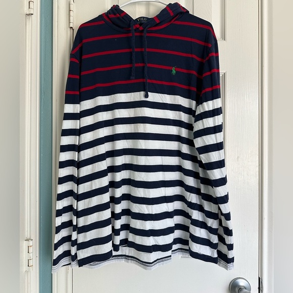 Ralph Lauren Red White Blue Striped Cotton Hooded T-Shirt size XL Green Pony - Picture 1 of 4